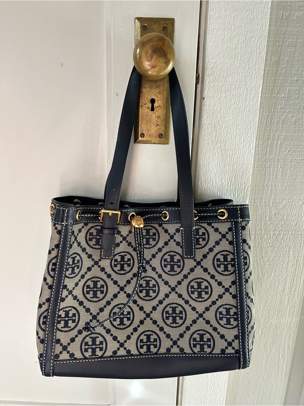Navy and Cream Patterned Tote Bag